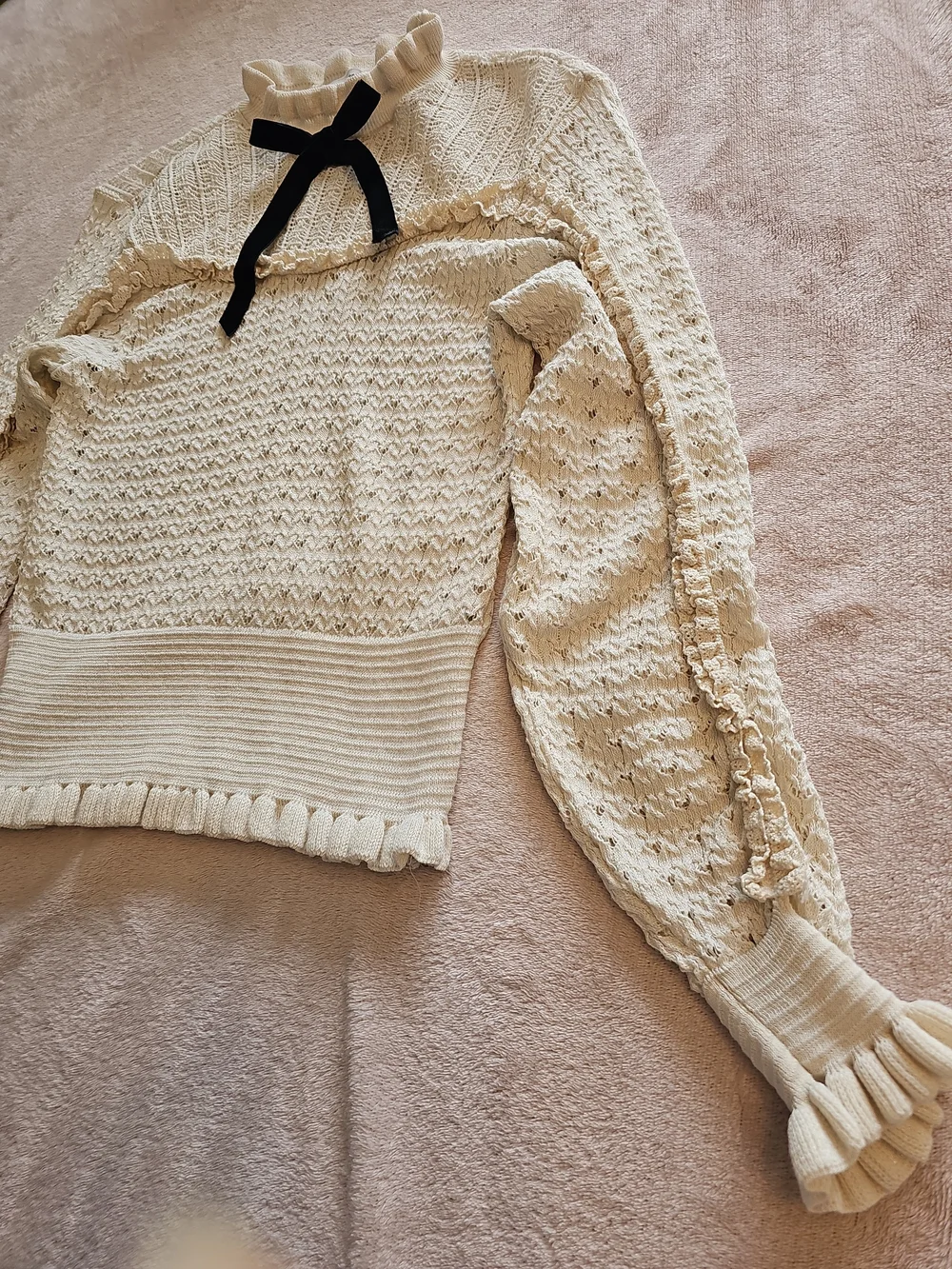 Zara Cream Knit Ruffle Sweater with Black Bow